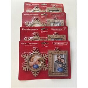 LOT OF 4:  INSTANT GIFTS CHRISTMAS PHOTO ORNAMENTS - WOODEN -SNOWFLAKE & SQUARE